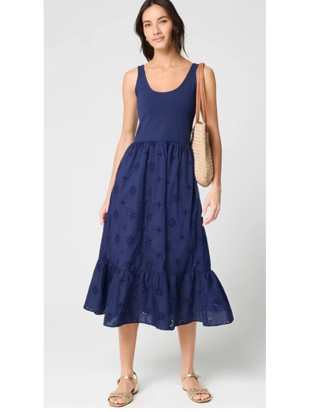 J.CREW Factory navy eyelet cotton stretch midi pockets sleeveless dress 3X NWT